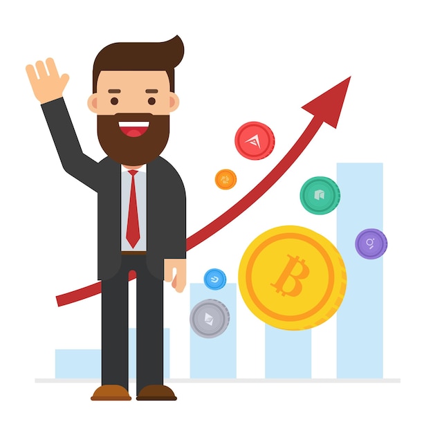 Businessman cartoon character holding bitcoin