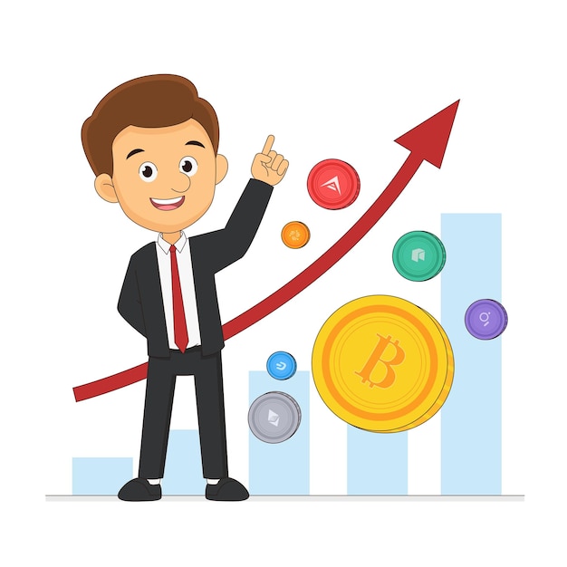 Businessman cartoon character holding bitcoin