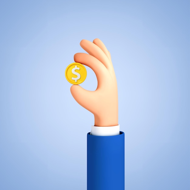 Businessman cartoon hand holding coin with dollar sign isolated on blue background Vector 3d illustration