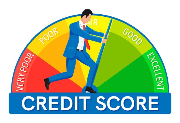 Vector businessman changing personal credit information man pushing arrow to make credit history better man improves his creditworthiness credit score approval solvency flat vector illustration