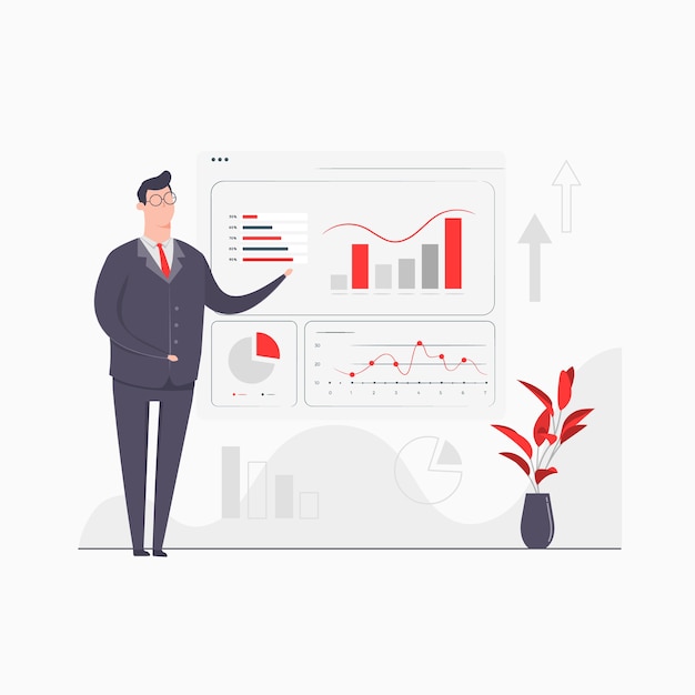 Businessman Character Concept Illustration Presentation Charts Graph Report Data Analytics