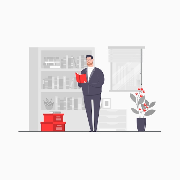 Businessman Character Concept Illustration Reading Book At Library College Student Literature