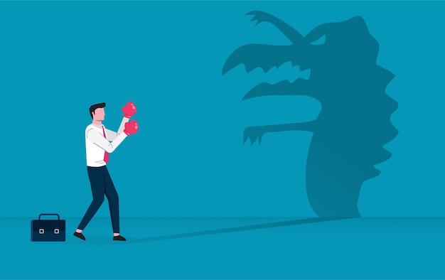 Businessman character fighting against scary shadow illustration.