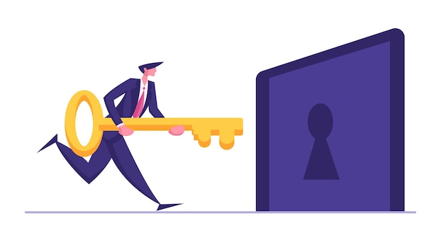 Businessman Character Holding Big Key and Try to Unlock Keyhole Illustration