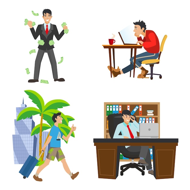 Businessman character the life of the unemployed to rich man work and travel workplace boss