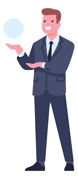 Businessman character Man in suit hold on hand and looking at something