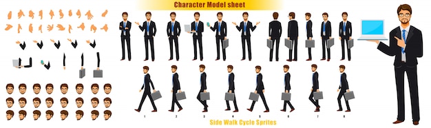 Businessman Character Model sheet with Walk cycle Animation Sprites sheet 