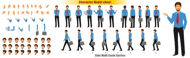 Businessman Character Model sheet with Walk cycle Animation Sprites sheet 