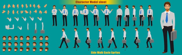 Businessman Character Model sheet with Walk cycle Animation Sprites sheet 