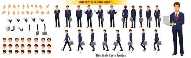 Businessman Character Model sheet with Walk cycle Animation Sprites sheet 