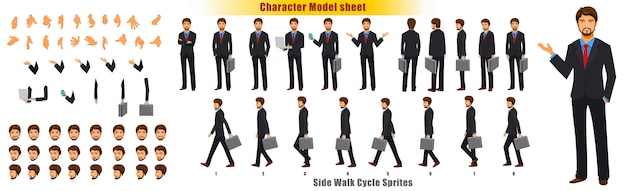 Businessman Character Model sheet with Walk cycle Animation Sprites sheet 