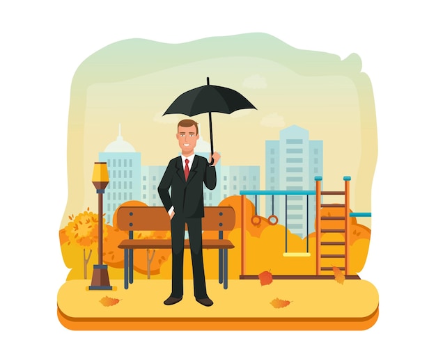 Businessman character person with an umbrella in autumn park