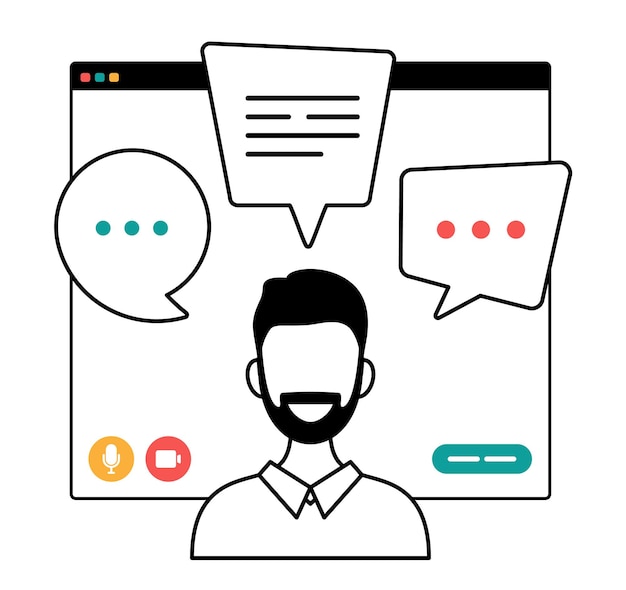 Businessman chatting during video call outline illustration man with chat bubble speech in computer window communication online conference concept portrait horizontal cartoon flat vector