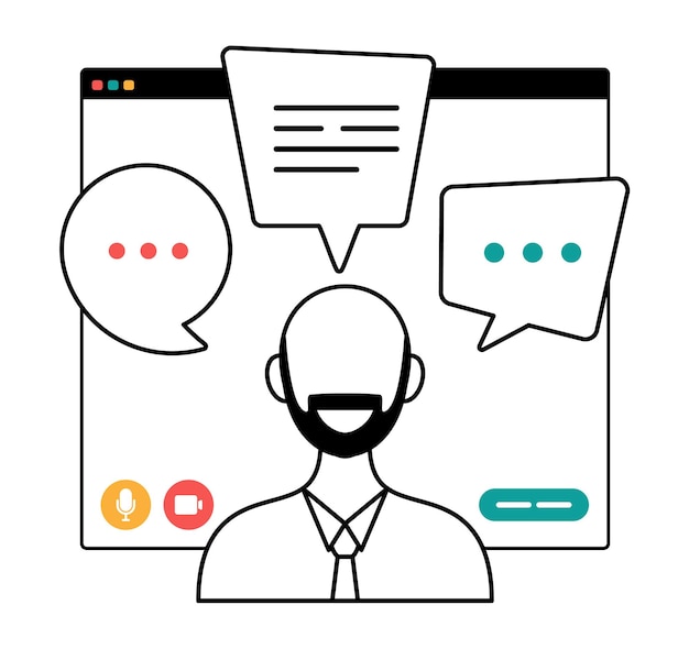 Businessman chatting during video call outline illustration man with chat bubble speech in computer window communication online conference concept portrait horizontal cartoon flat vector