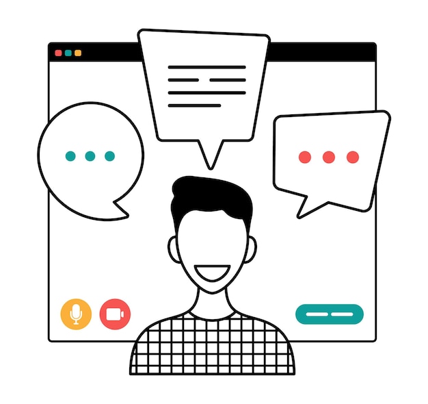 Businessman chatting during video call outline illustration man with chat bubble speech in computer window communication online conference concept portrait horizontal cartoon flat vector