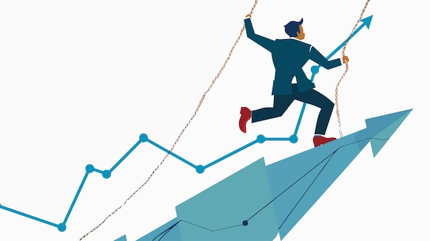 Vector businessman climbing rope attached to graph concept