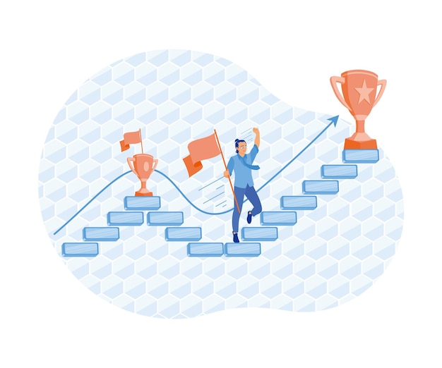 Businessman climbing stairs carrying the flag Motivation to achieve new goals Success Business concept Flat vector illustration