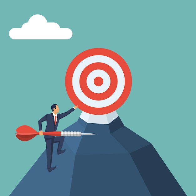 Businessman climbs uphill with an arrow in hand to reach the goal Aim in business concept Target at top Vector illustration flat design Aspirational people Mission achieved Achievement goal