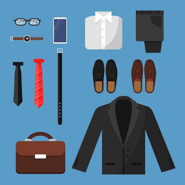 Businessman clothes. Fashion mens items pants shirt shoes watches tie bag vector top view flat illustrations