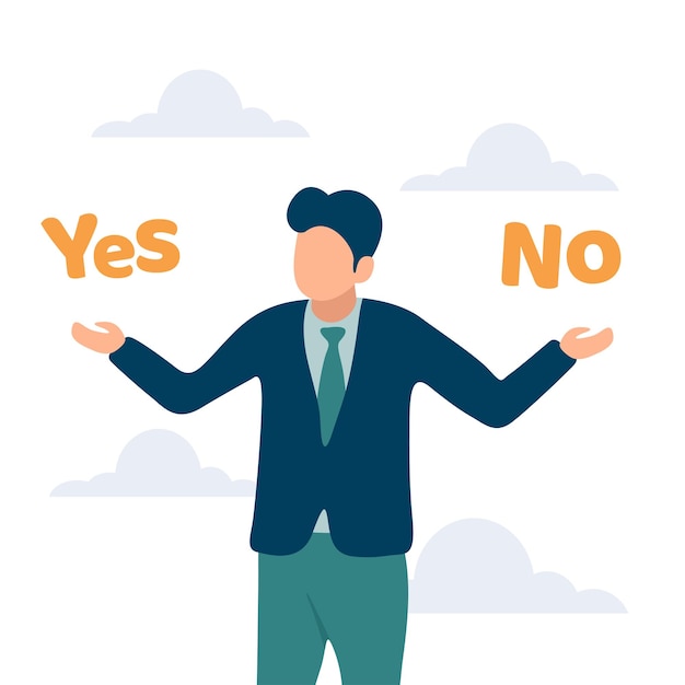 Vector businessman confusing yes or no in left and right hand while making decision