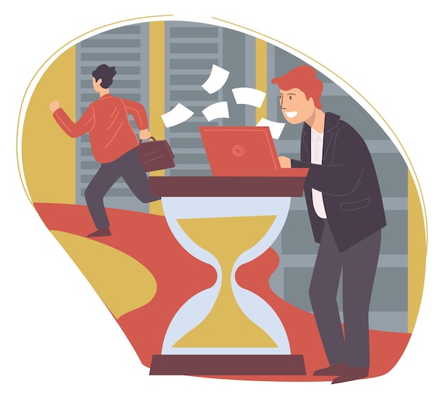 Vector businessman dealing with time management and productive, effective working tasks. manager with laptop working on hourglass. multitasking entrepreneur in business development. vector in flat style