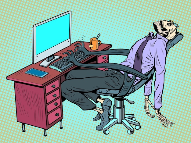 The businessman died in the office but the robot chair continues to work for him on the computer