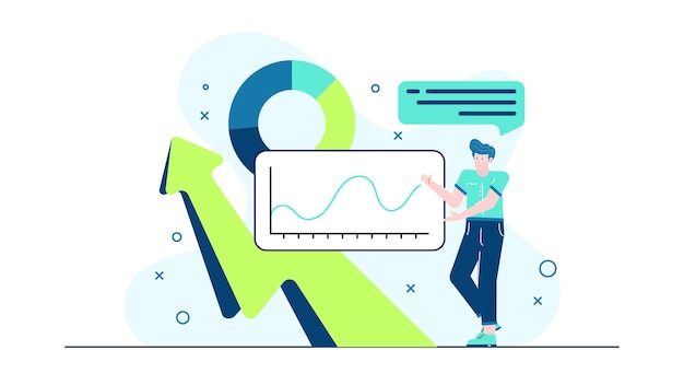 A businessman doing presentation about business increase with graphs and charts in a modern and creative coworking space