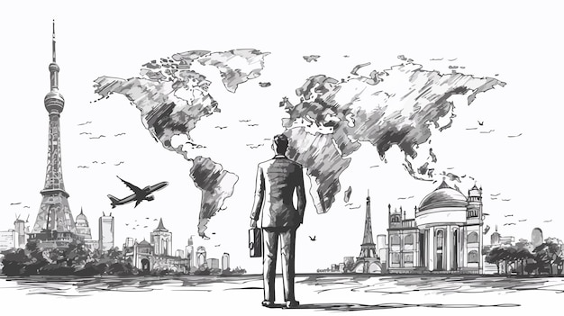 Businessman Drawing Dream Travel Around World Concept