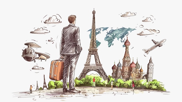 Businessman Drawing Dream Travel Around World Concept