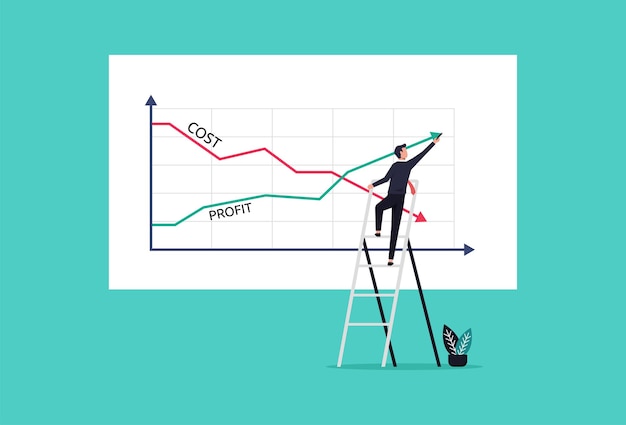 Businessman drawing graphs profit vs cost reduction concept illustration