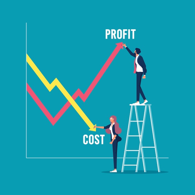 Businessman drawing profits and costs graph Costs reduction business vector concept