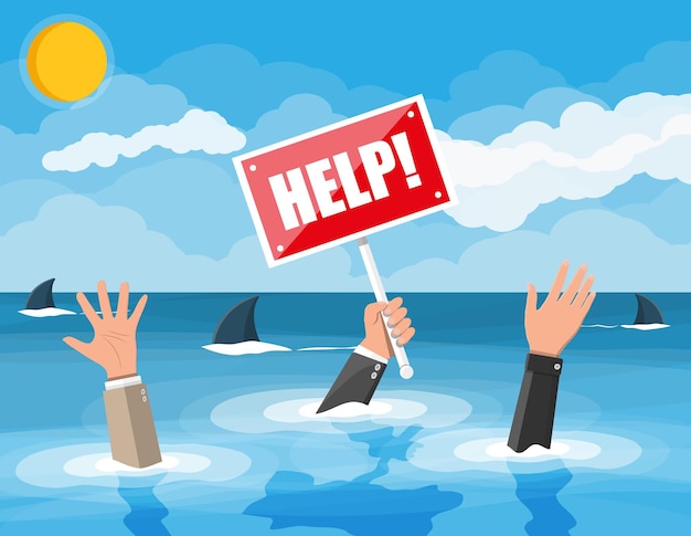 Businessman drowning in the sea with sharks. Mans hand with help sign. Desperate business man against fin. Obstacle on work, financial crisis. Risk management challenge. Flat vector illustration