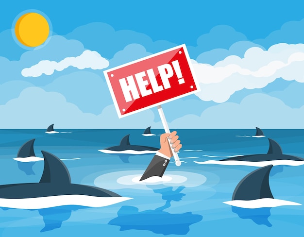 Vector businessman drowning in the sea with sharks. mans hand with help sign. 