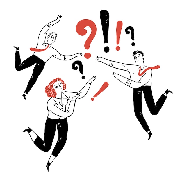 The businessman or employees are throwing the letter of exclamation mark and questions mark to other