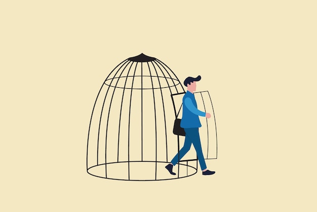 Vector businessman escape from bird cage trap concept of escape from comfort zone experience new challenge