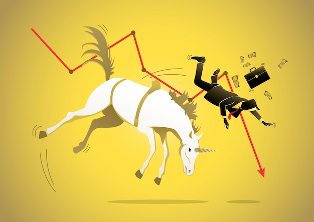 Businessman fall from riding a unicorn business concept