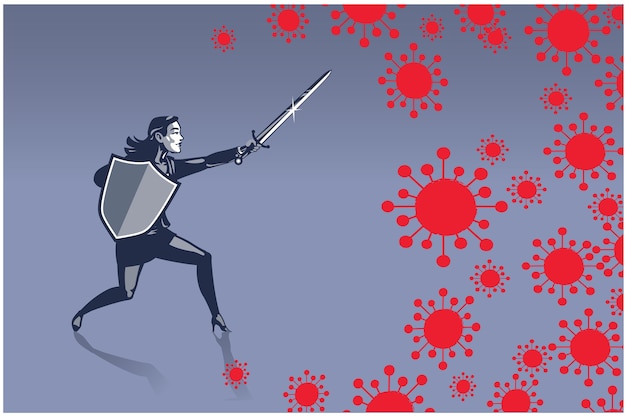 Businessman Fighting Covid 19 Corona Virus with Sword and Shield Business Illustration Concept