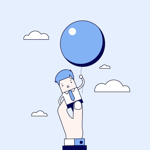 Businessman flying away with balloon but being hindered by businessman large hand Cartoon character.