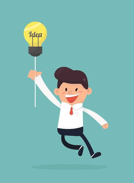 Businessman flying out by light bulb of idea.