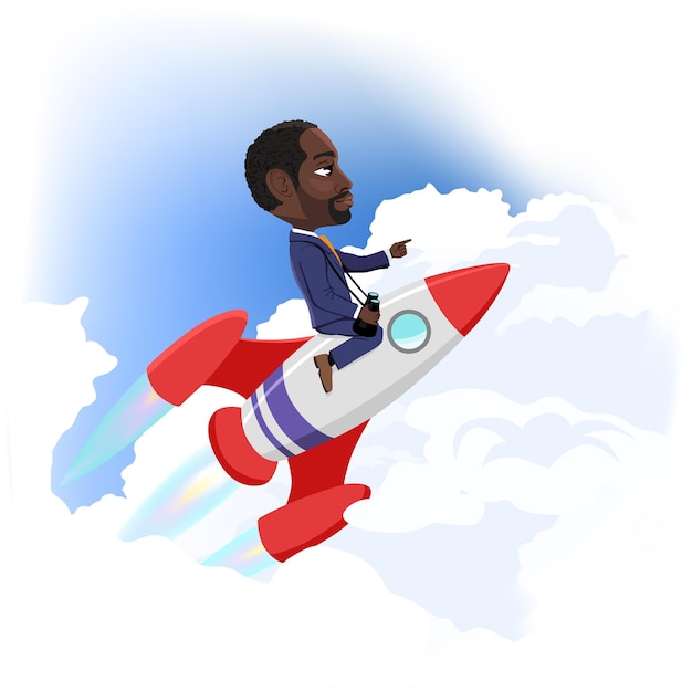 Businessman flying up on space rocket success achievement concept cartoon vector illustration