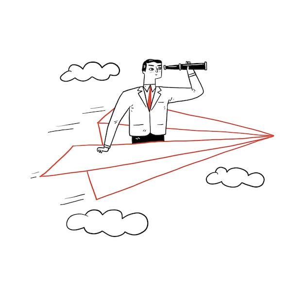 Businessman flying with paper plane using telescope