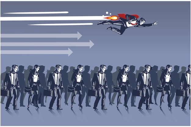 Businessman Flying with Rocket Above Other Business Rivals Blue Collar Illustration Concept