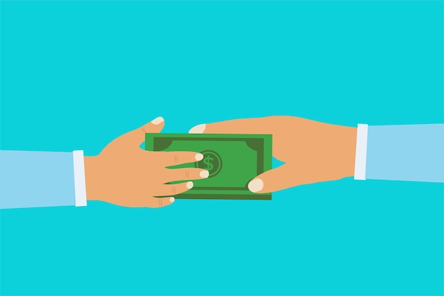 Businessman giving money bundle to another one vector Money transferring concept with human hands Hand giving and taking dollar bundles on a light blue background Business offer and deal concept