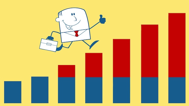 Businessman Giving A Thumb Up And Running Over Growing Bar Chart Monochrome Cartoon Character