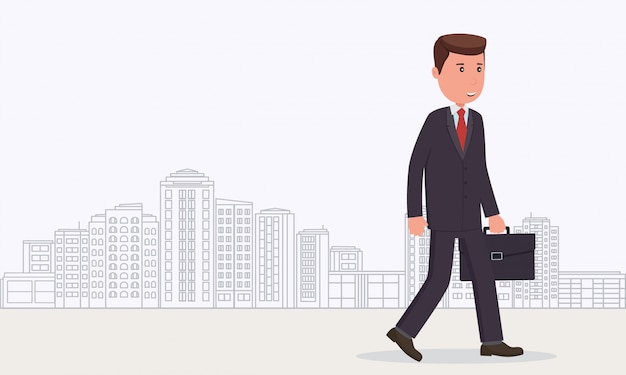 Businessman goes to work. Business concept business man on background city