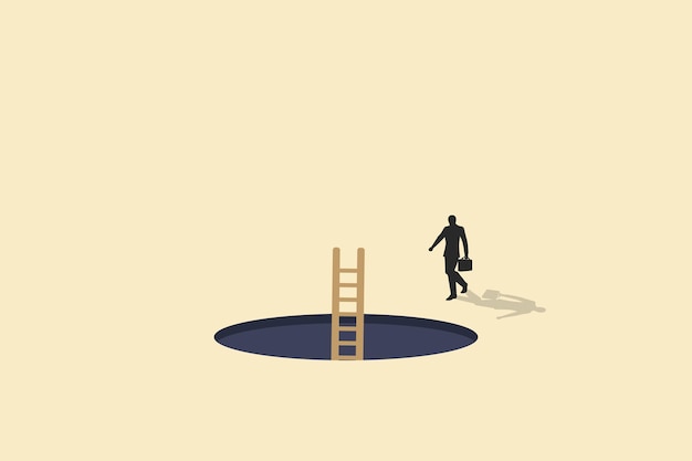 Businessman going to Ladder standing inside hole Symbol of success hope ambition and opportunity