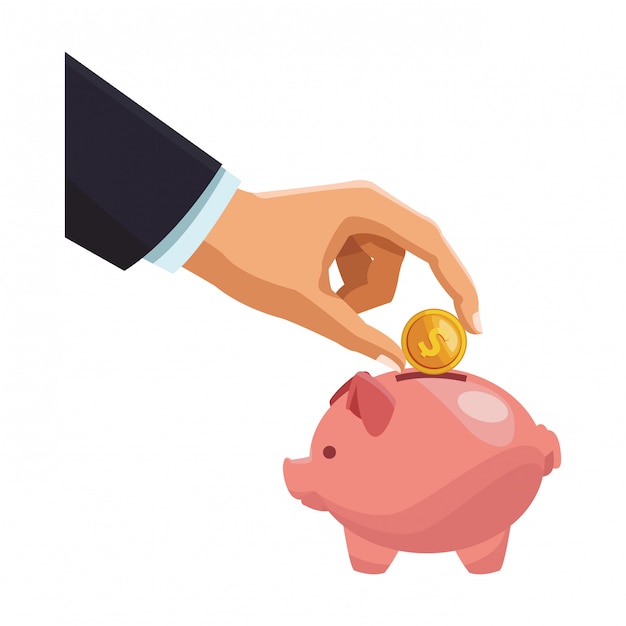 Businessman hand deposinting coin in piggy