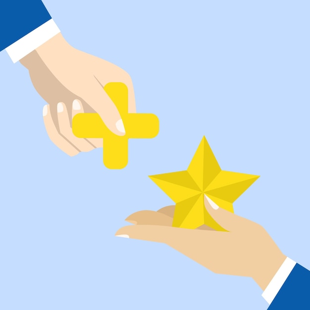 businessman hand holding star value and other additional plus sign. Added value, additional profit.