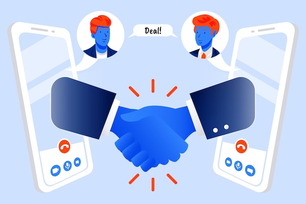 Businessman hand shake deal agreement and partnership business contract through smart phone