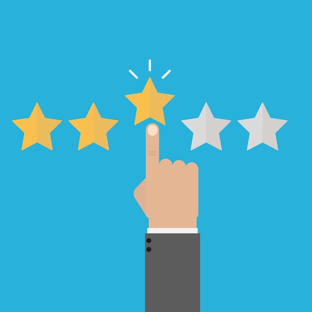 Businessman hand touches three stars from five rating feedback. Vector illustration